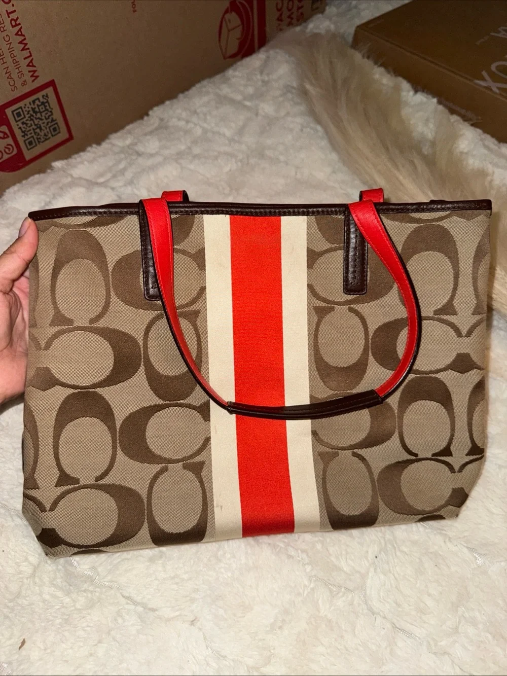 Coach Brown Signature Canvas Tote with Red Center Stripe